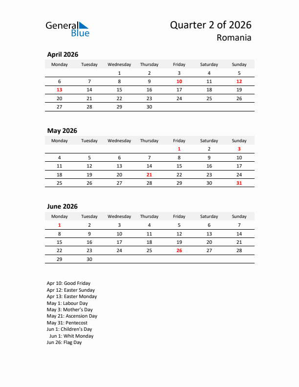 2026 Three-Month Calendar for Romania