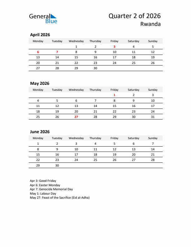 2026 Three-Month Calendar for Rwanda