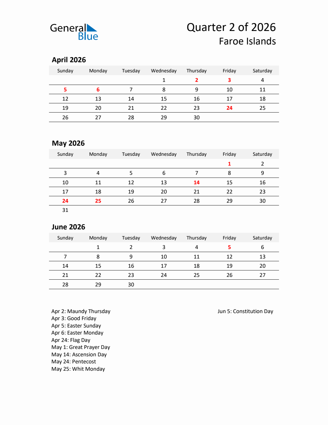 Q2 2026 Quarterly Calendar with Faroe Islands Holidays