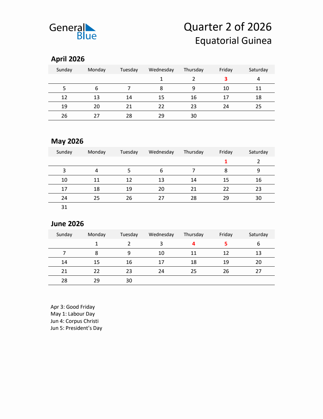 Q2 2026 Quarterly Calendar with Equatorial Guinea Holidays