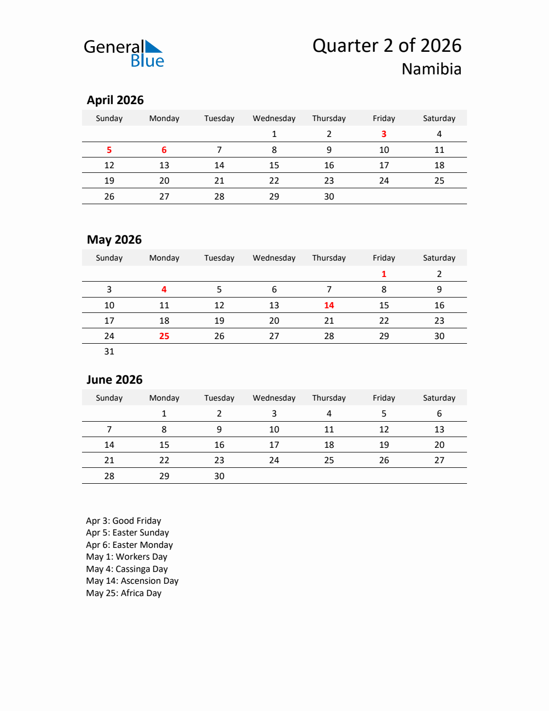 Q2 2026 Quarterly Calendar with Namibia Holidays