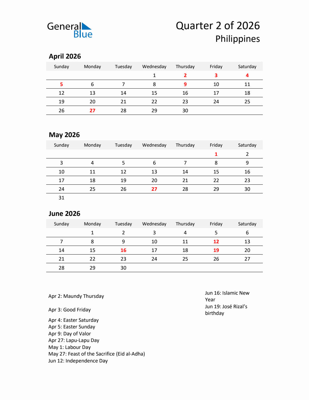 Q2 2026 Quarterly Calendar with Philippines Holidays (PDF, Excel, Word)