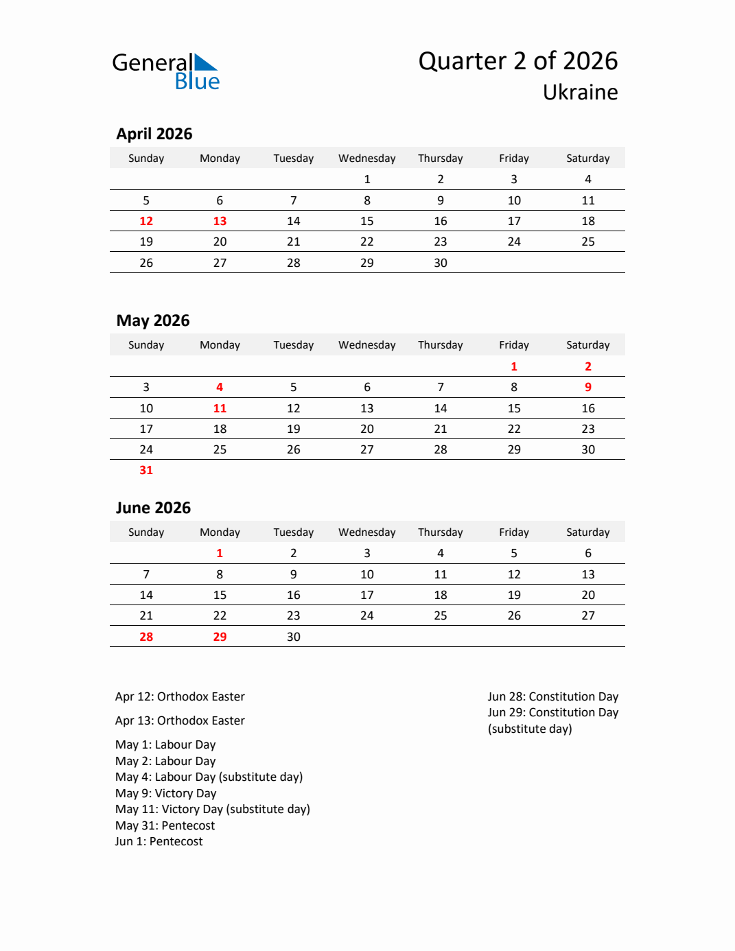 Q2 2026 Quarterly Calendar with Ukraine Holidays