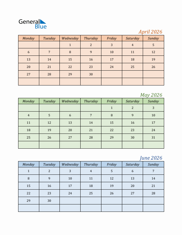 Three-Month Calendar for Year 2026 (April, May, and June)