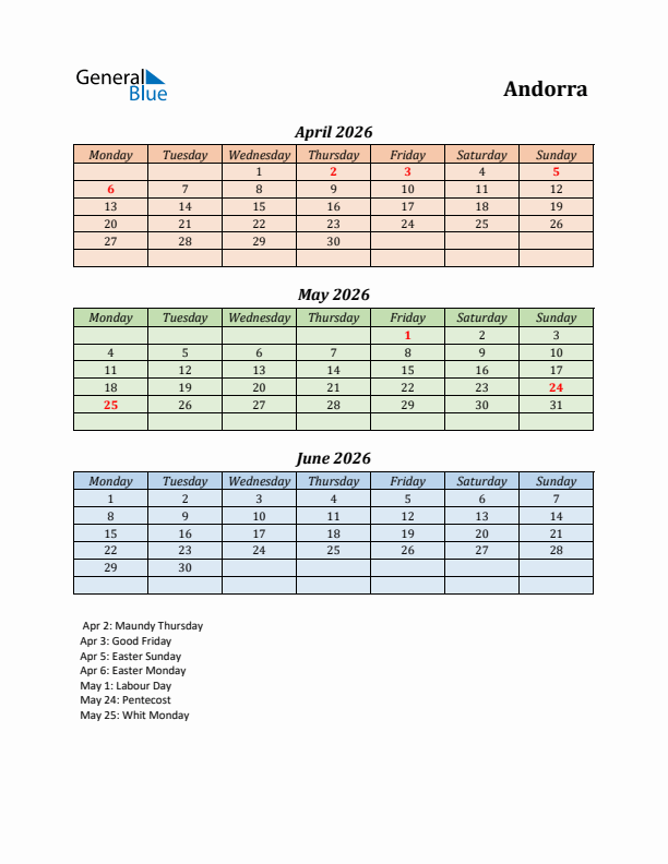 Q2 2026 Holiday Calendar - Andorra