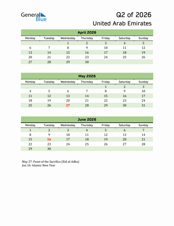 Quarterly Calendar 2026 with United Arab Emirates Holidays