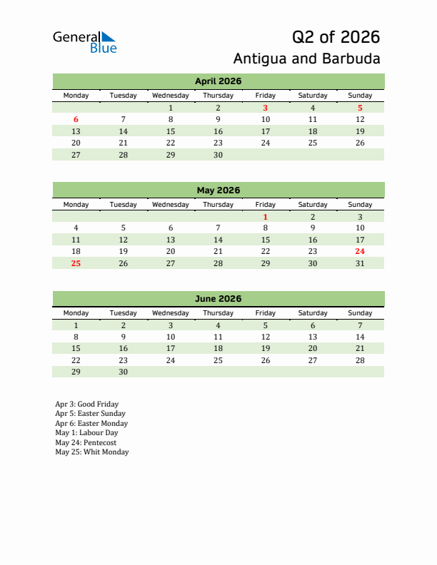 Quarterly Calendar 2026 with Antigua and Barbuda Holidays