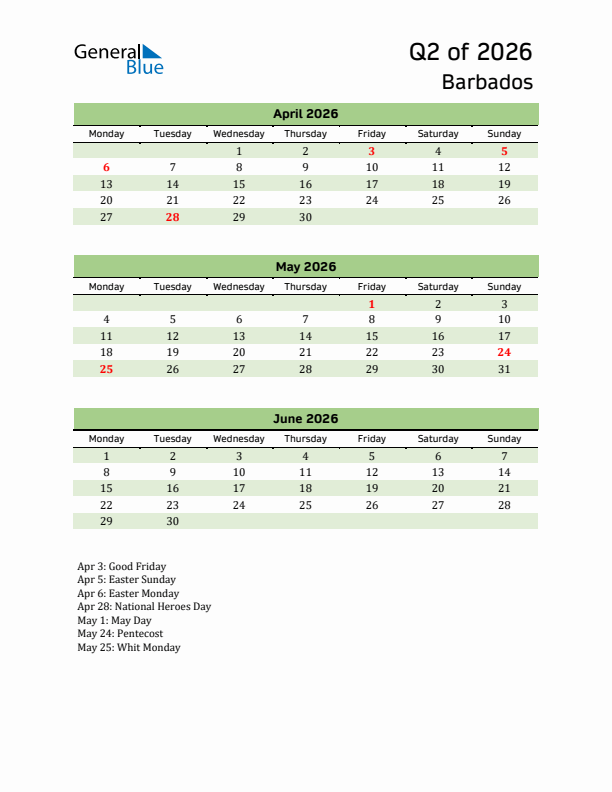 Quarterly Calendar 2026 with Barbados Holidays