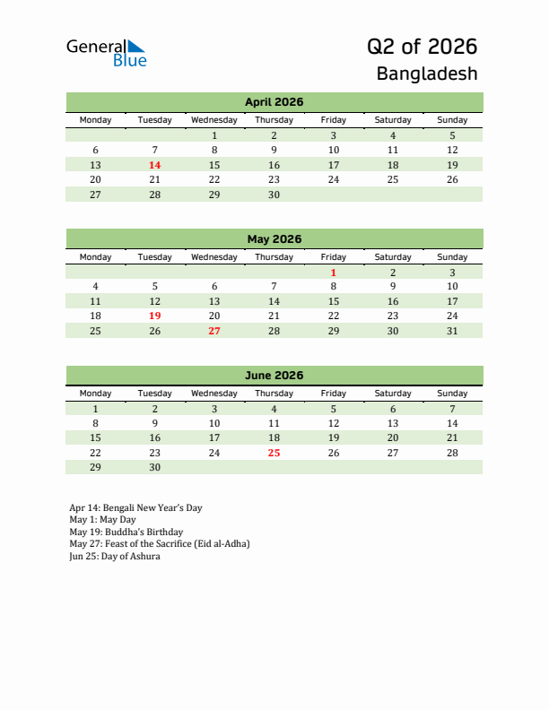 Quarterly Calendar 2026 with Bangladesh Holidays