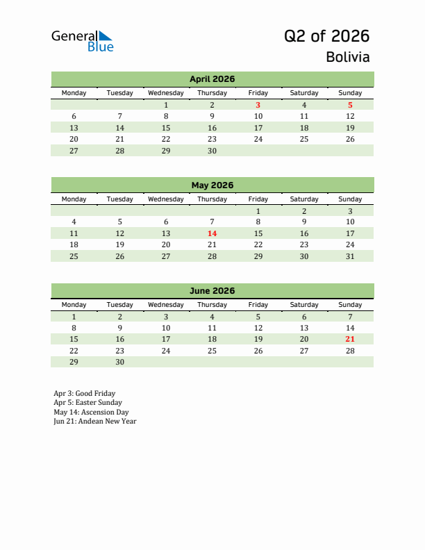 Quarterly Calendar 2026 with Bolivia Holidays