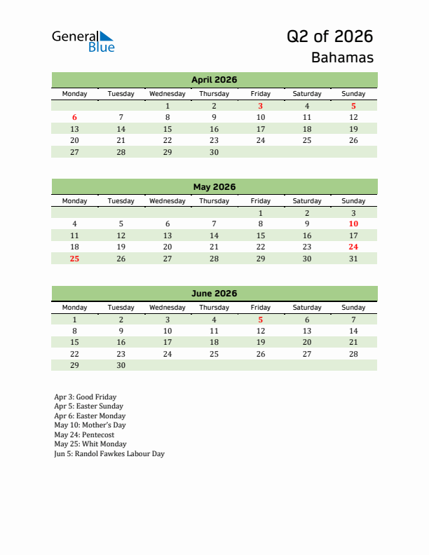 Quarterly Calendar 2026 with Bahamas Holidays