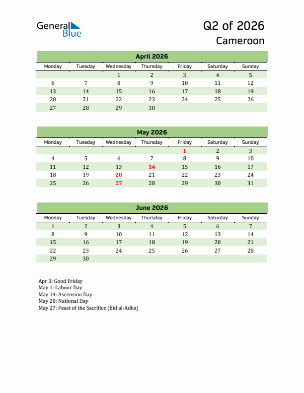 Quarterly Calendar 2026 with Cameroon Holidays