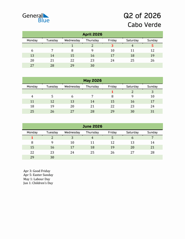 Quarterly Calendar 2026 with Cabo Verde Holidays
