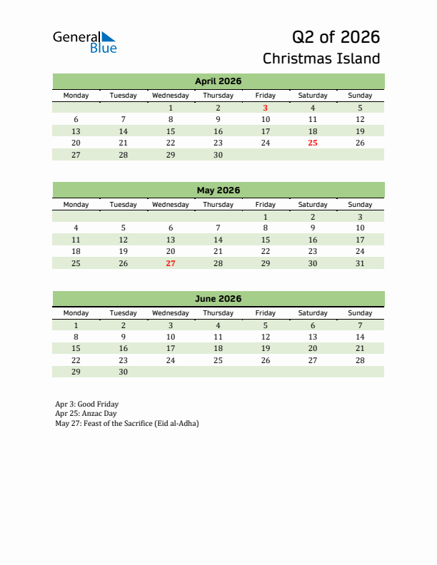 Quarterly Calendar 2026 with Christmas Island Holidays