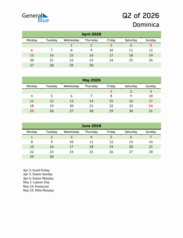 Quarterly Calendar 2026 with Dominica Holidays