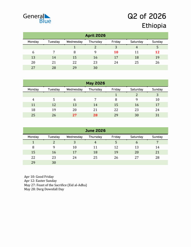Quarterly Calendar 2026 with Ethiopia Holidays