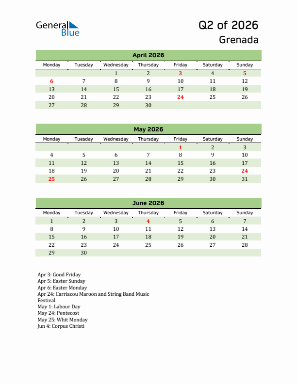Quarterly Calendar 2026 with Grenada Holidays