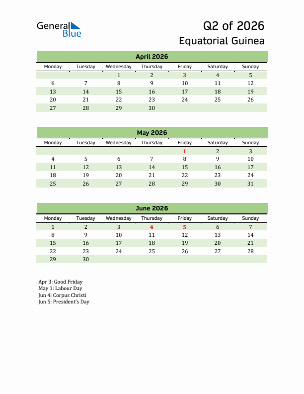 Quarterly Calendar 2026 with Equatorial Guinea Holidays