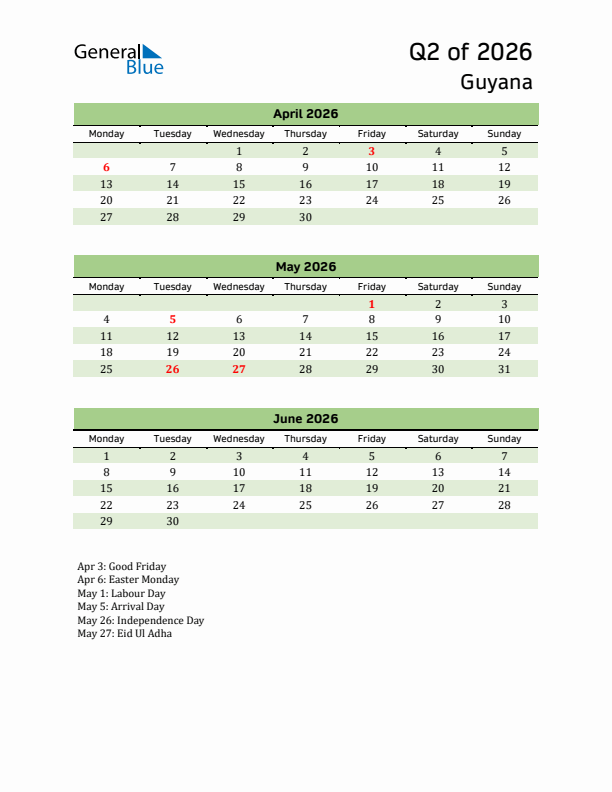 Quarterly Calendar 2026 with Guyana Holidays
