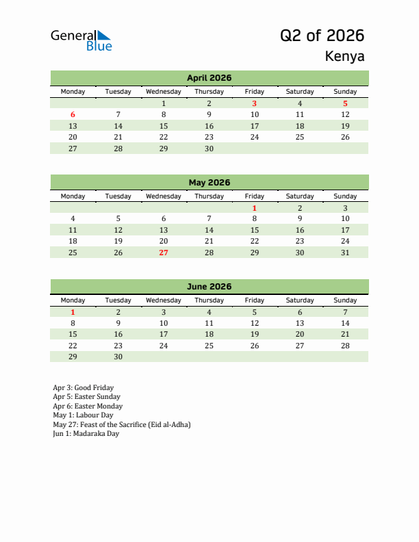 Quarterly Calendar 2026 with Kenya Holidays
