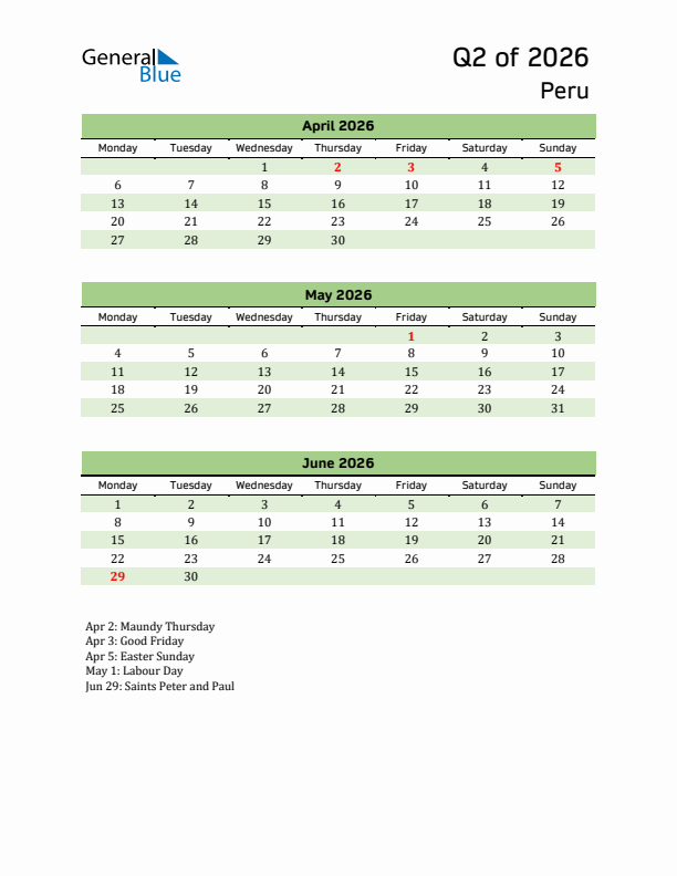 Quarterly Calendar 2026 with Peru Holidays