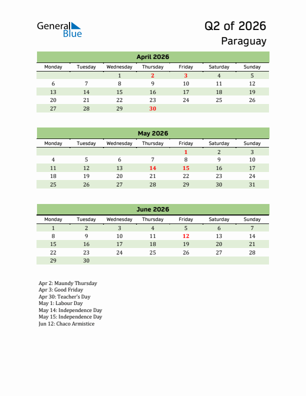Quarterly Calendar 2026 with Paraguay Holidays