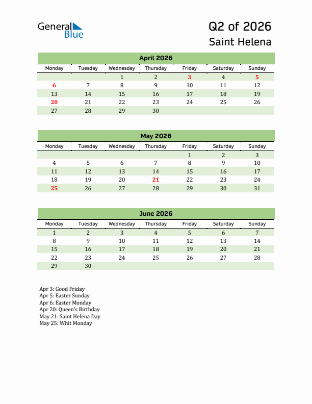 Quarterly Calendar 2026 with Saint Helena Holidays
