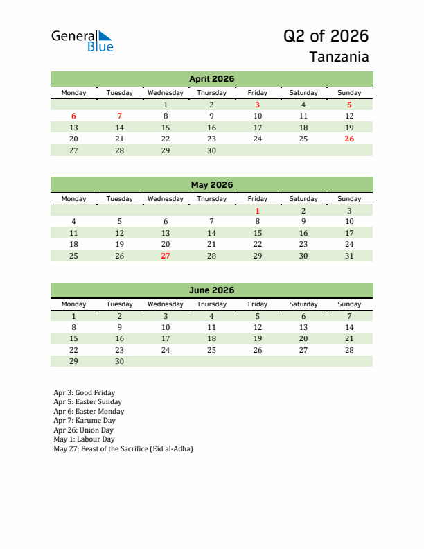 Quarterly Calendar 2026 with Tanzania Holidays