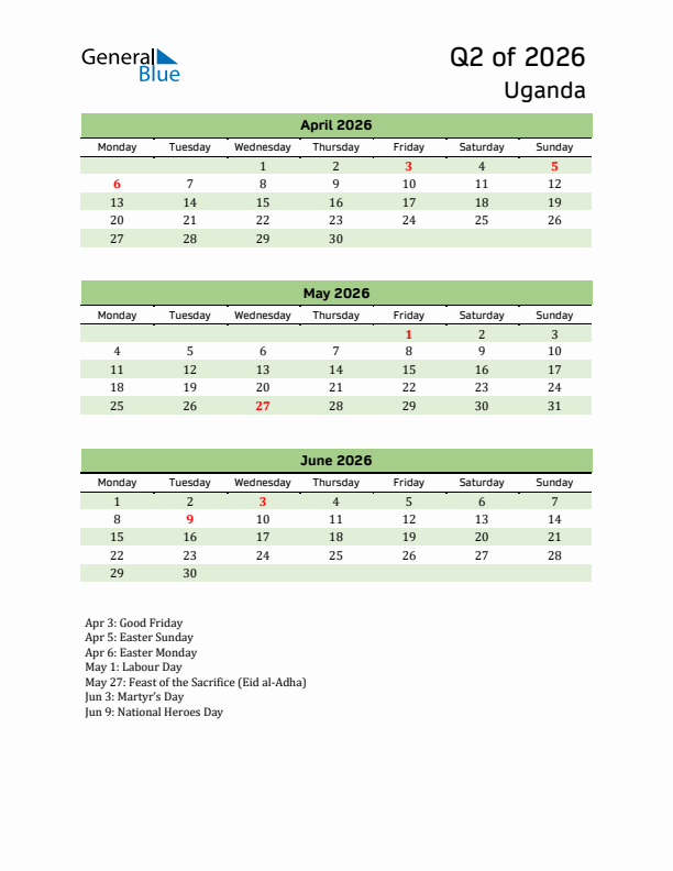 Quarterly Calendar 2026 with Uganda Holidays