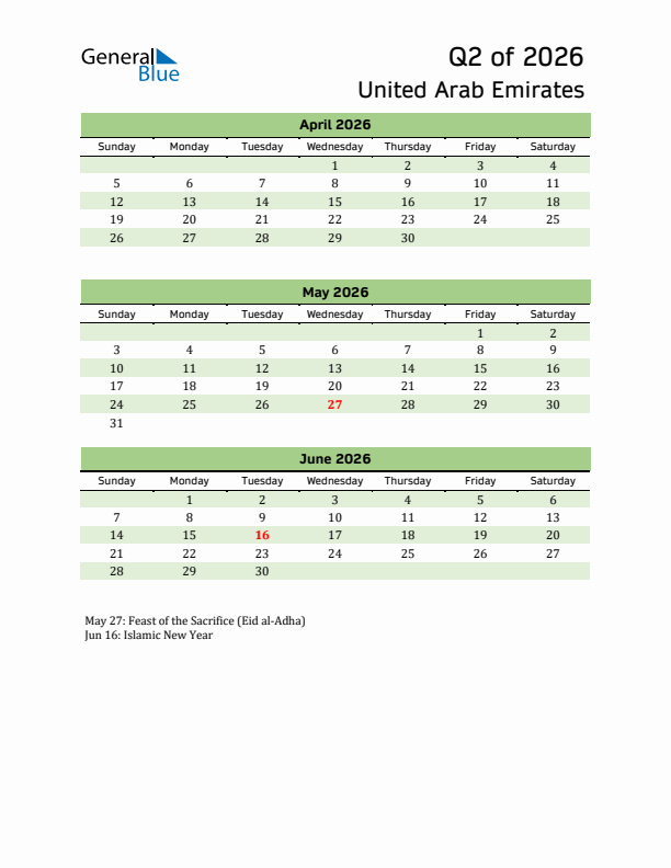 Quarterly Calendar 2026 with United Arab Emirates Holidays