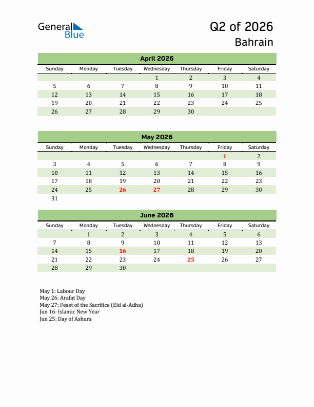 Quarterly Calendar 2026 with Bahrain Holidays