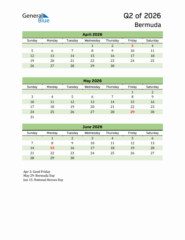 Quarterly Calendar 2026 with Bermuda Holidays
