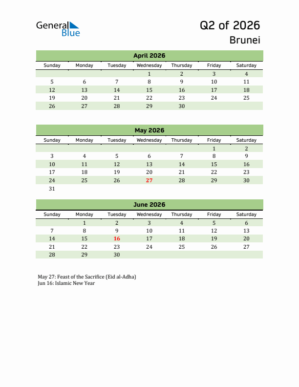 Quarterly Calendar 2026 with Brunei Holidays