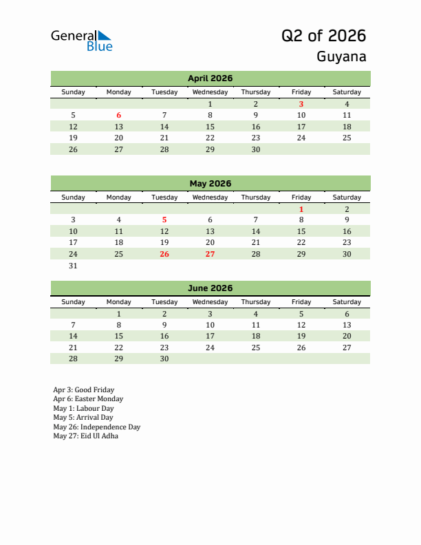 Quarterly Calendar 2026 with Guyana Holidays