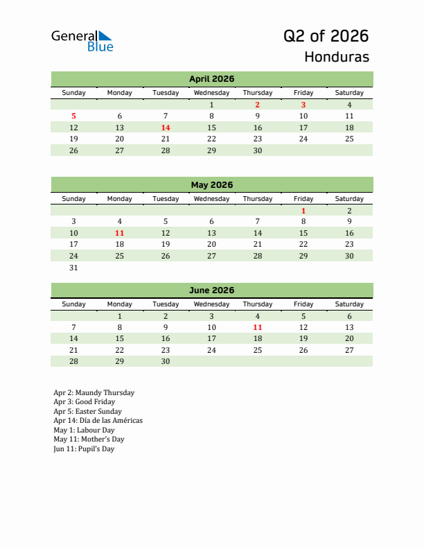 Quarterly Calendar 2026 with Honduras Holidays
