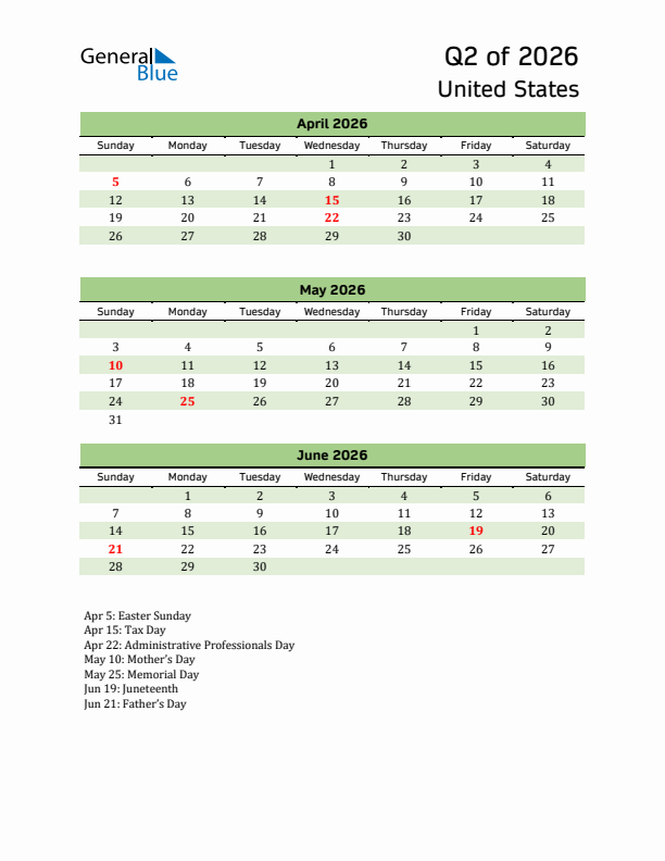 Quarterly Calendar 2026 with United States Holidays