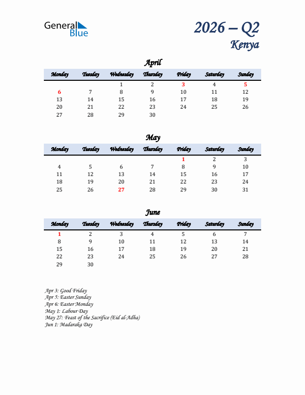 April, May, and June Calendar for Kenya with Monday Start