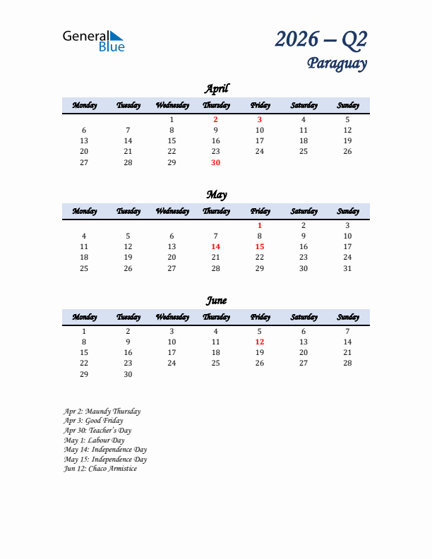 April, May, and June Calendar for Paraguay with Monday Start