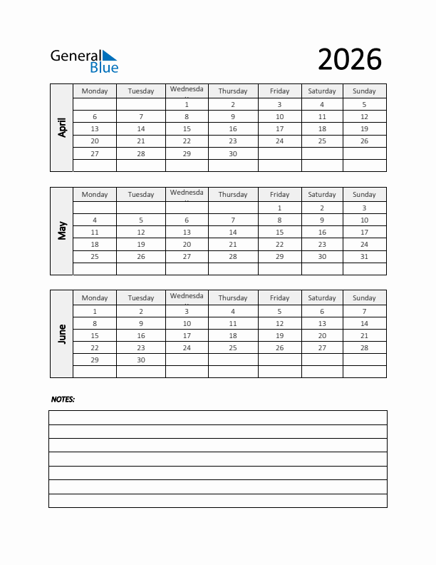 Q2 2026 Calendar with Notes