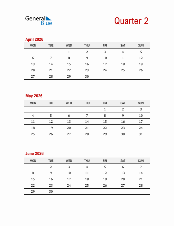 Three-Month Printable Calendar 2026