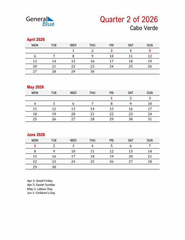 Printable Three Month Calendar with Cabo Verde Holidays