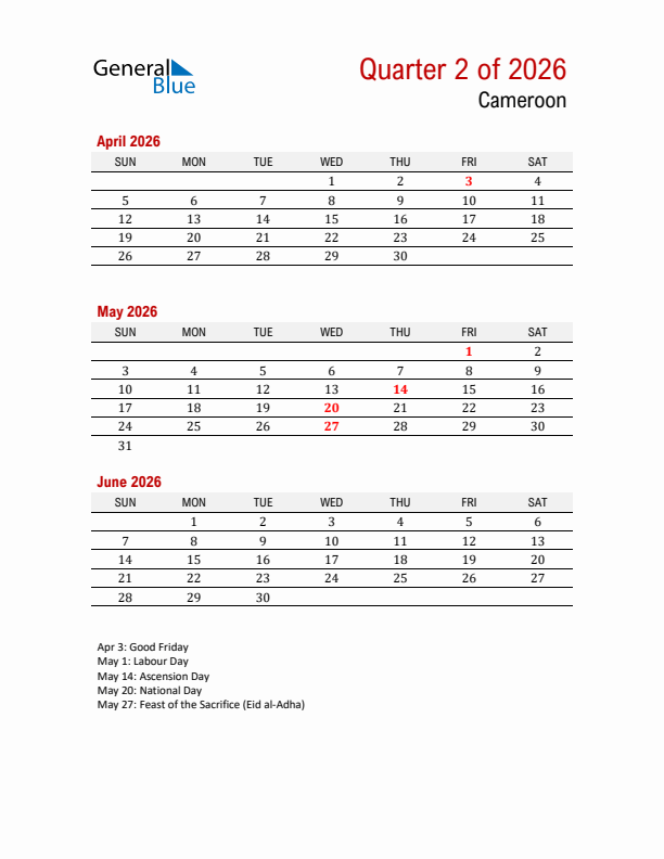 Printable Three Month Calendar with Cameroon Holidays
