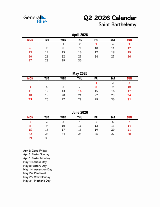2026 Q2 Calendar with Holidays List for Saint Barthelemy