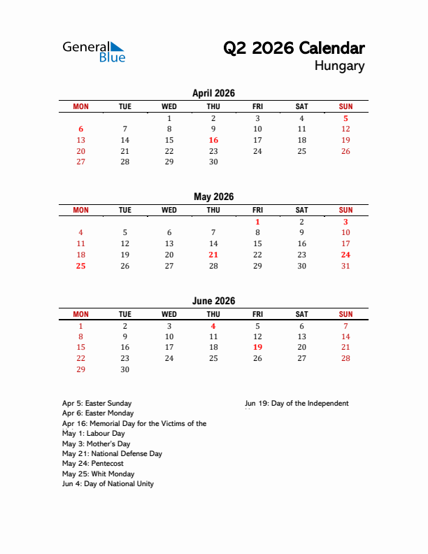 2026 Q2 Calendar with Holidays List for Hungary
