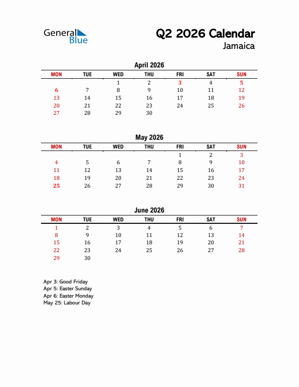 2026 Q2 Calendar with Holidays List for Jamaica