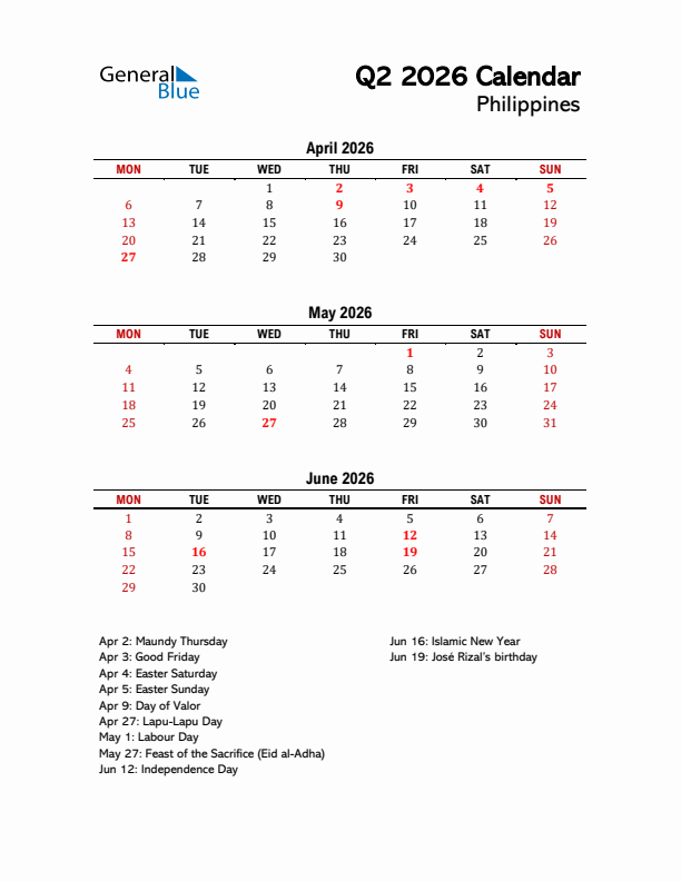 2026 Q2 Calendar with Holidays List for Philippines