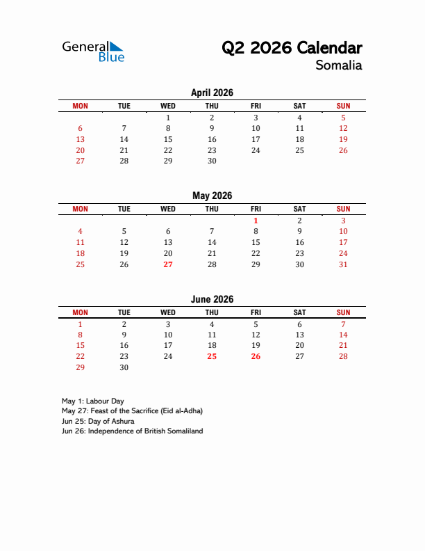 2026 Q2 Calendar with Holidays List for Somalia