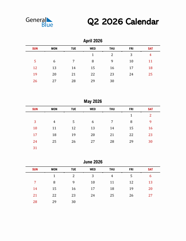 2026 Q2 Calendar with Red Weekend
