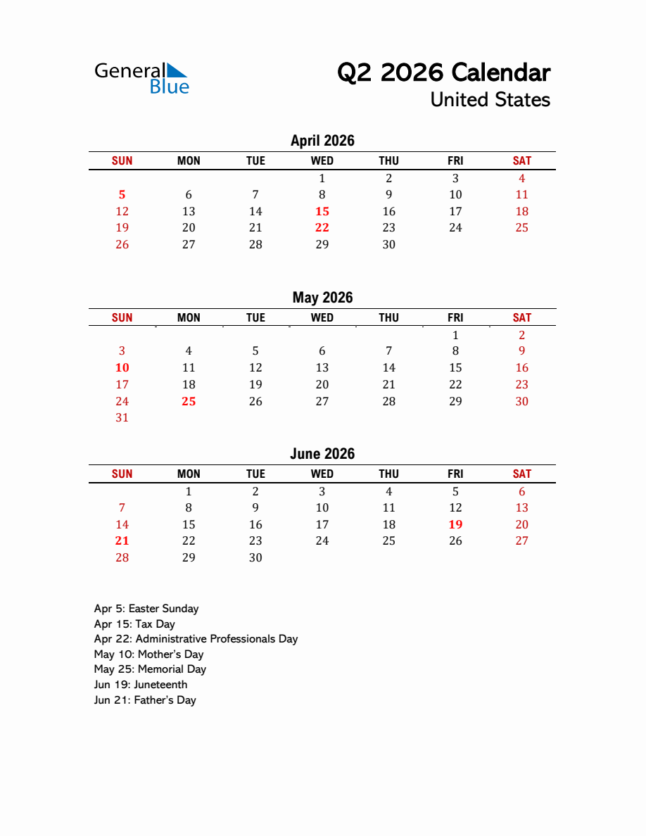 2026 Q2 Calendar with Holidays List for United States