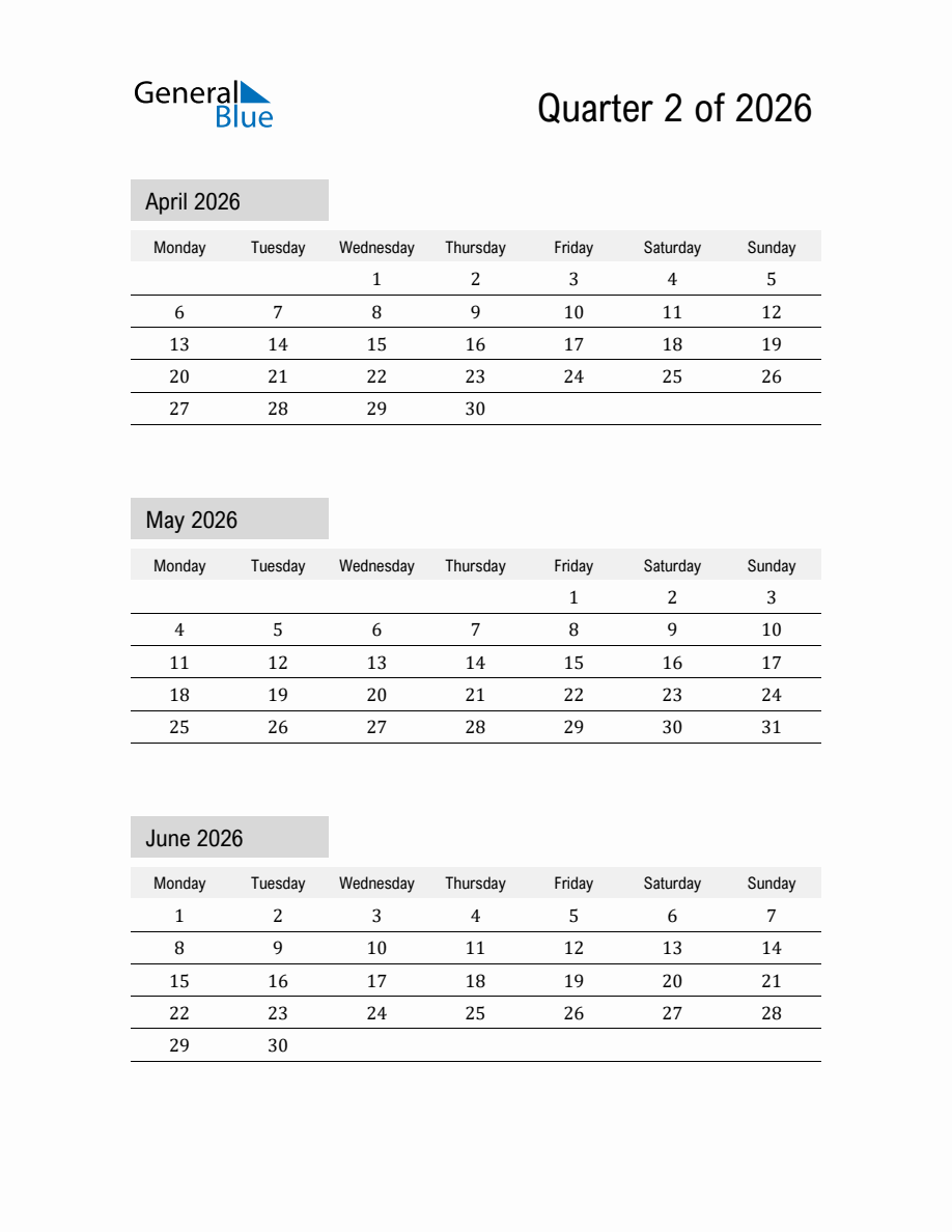 April, May, and June 2026 Calendar Template